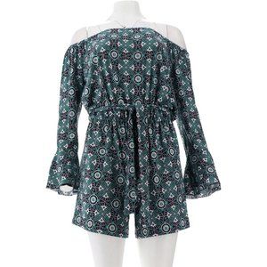 NWT DU JOUR OFF SHOULDER PRINTED TIE WAIST SHORTS‎ ROMPER DEEP NAVY XL